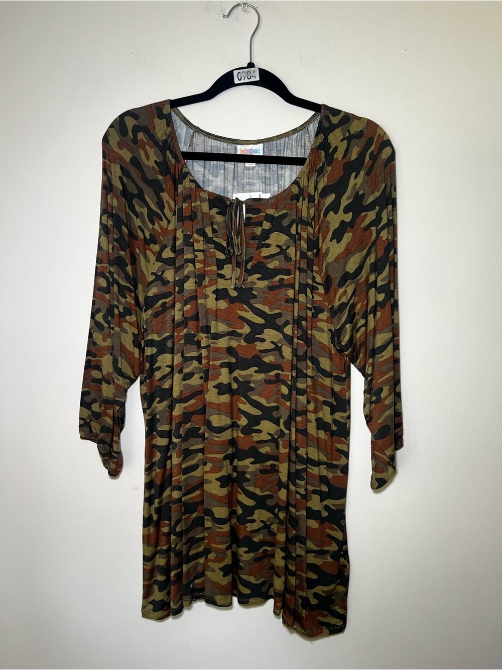 LuLaRoe Camouflage Debra Peasant Top - Green, Brown, Black